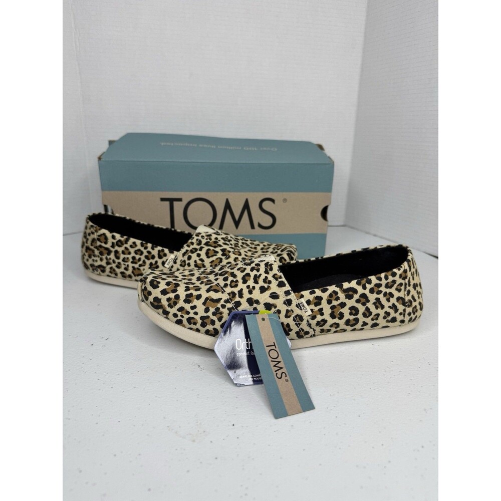 NWT NEW TOMs WOMEN SZ-11 W ALPARGATA SLIP-ON FLATS BIRCH LEOPARD PRINT TAN